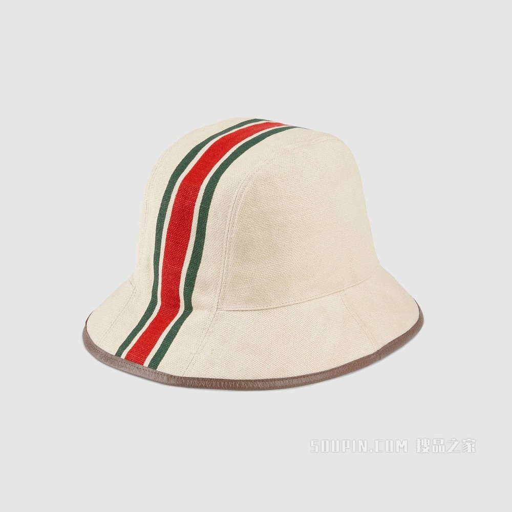 织带帆布渔夫帽 象牙白和棕色