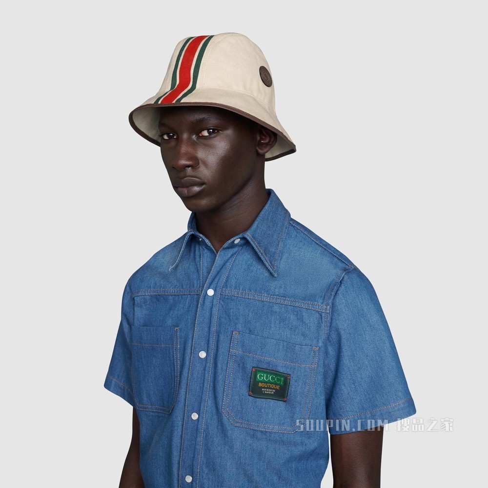 织带帆布渔夫帽 象牙白和棕色