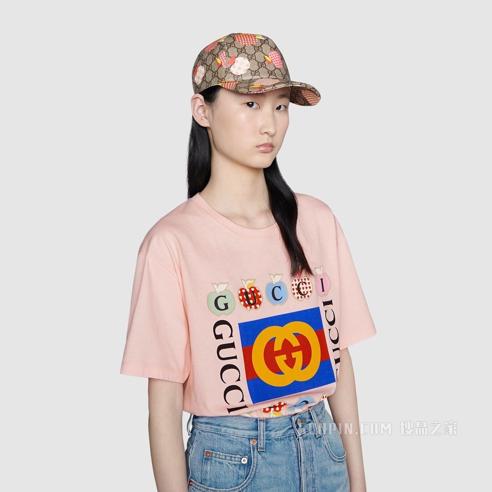 心苹果图案棒球帽 米色和乌木色