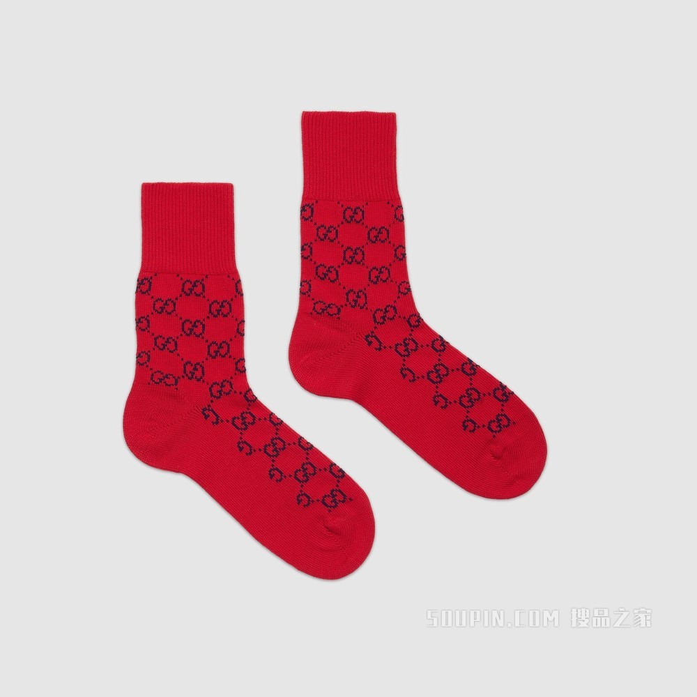 古驰520特别系列双G针织棉短袜 红色和蓝色