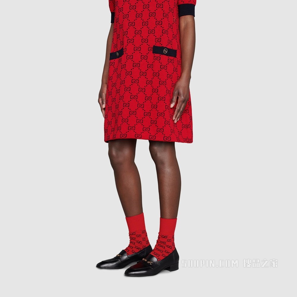 古驰520特别系列双G针织棉短袜 红色和蓝色