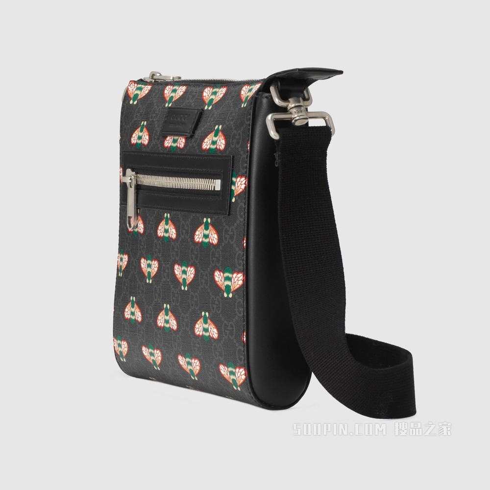 Gucci Bestiary系列邮差包,饰以蜜蜂图案 黑色GG Supreme帆布