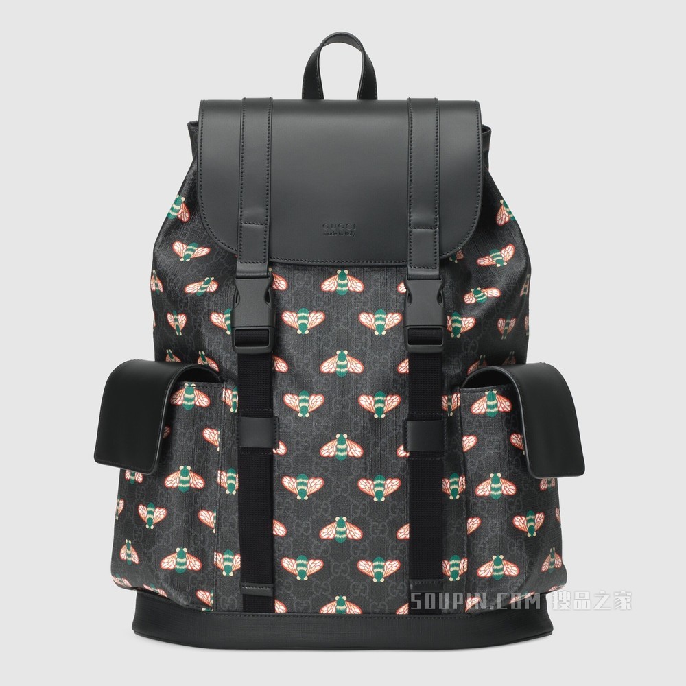Gucci Bestiary系列蜜蜂图案背包 黑色GG Supreme帆布