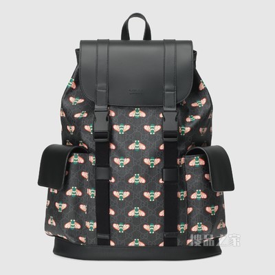 Gucci Bestiary系列蜜蜂图案背包 黑色GG Supreme帆布