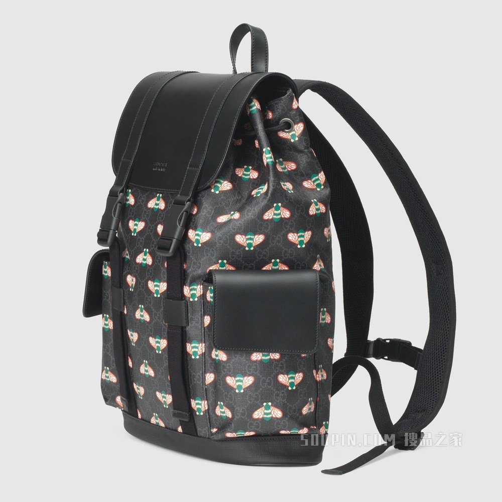 Gucci Bestiary系列蜜蜂图案背包 黑色GG Supreme帆布