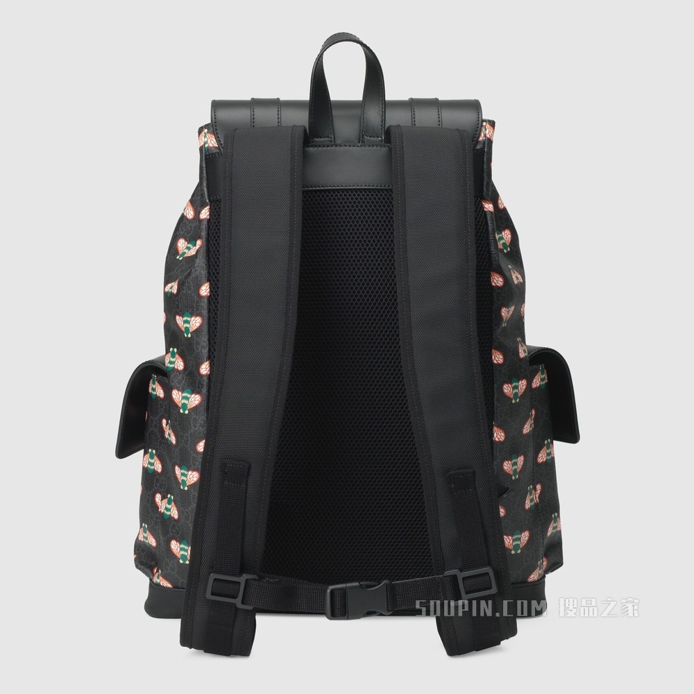 Gucci Bestiary系列蜜蜂图案背包 黑色GG Supreme帆布