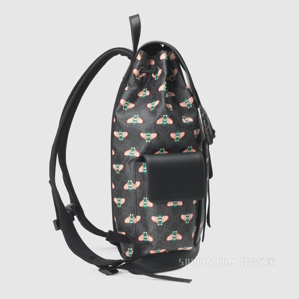 Gucci Bestiary系列蜜蜂图案背包 黑色GG Supreme帆布