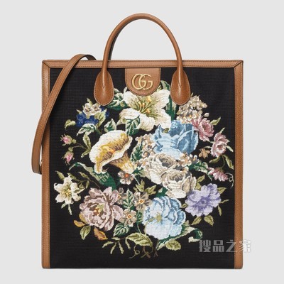 花卉刺绣托特包 黑色帆布