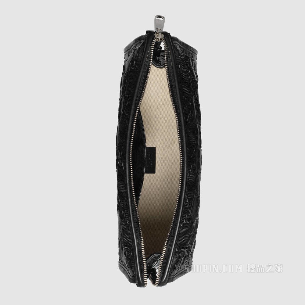 GG印花压纹化妆包 黑色皮革