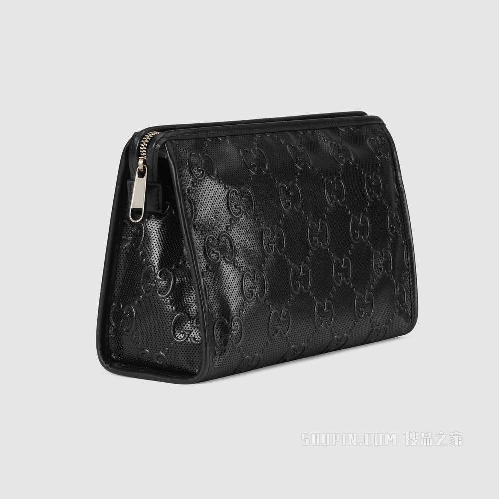 GG印花压纹化妆包 黑色皮革