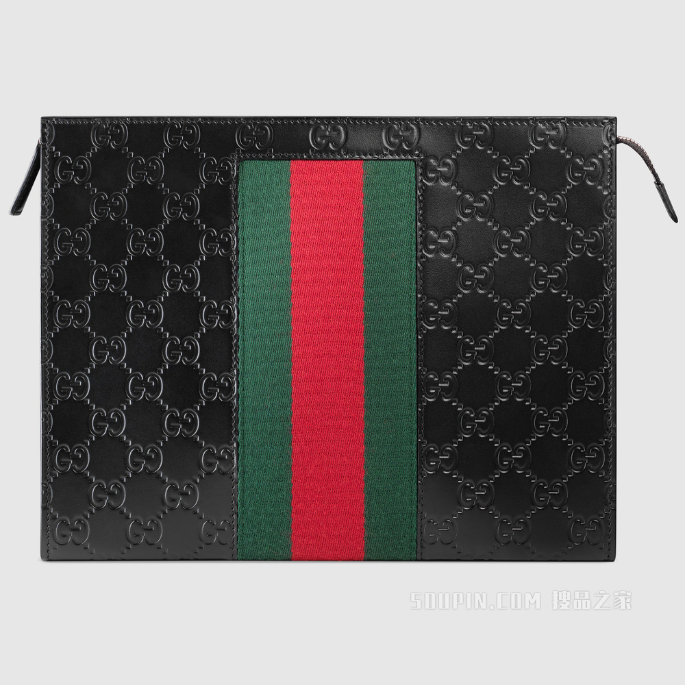 饰条纹织带Gucci Signature皮革手拿包 黑色Gucci Signature皮革