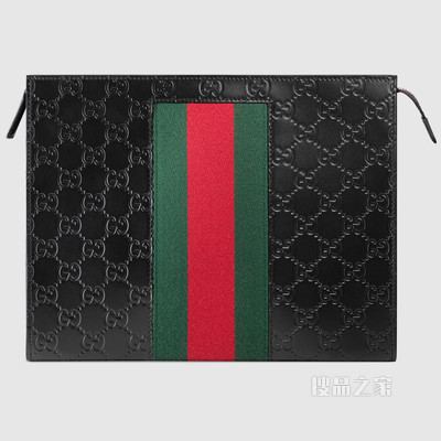 饰条纹织带Gucci Signature皮革手拿包 黑色Gucci Signature皮革