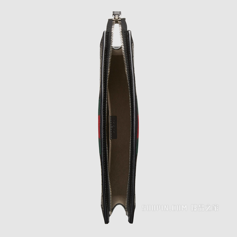 饰条纹织带Gucci Signature皮革手拿包 黑色Gucci Signature皮革