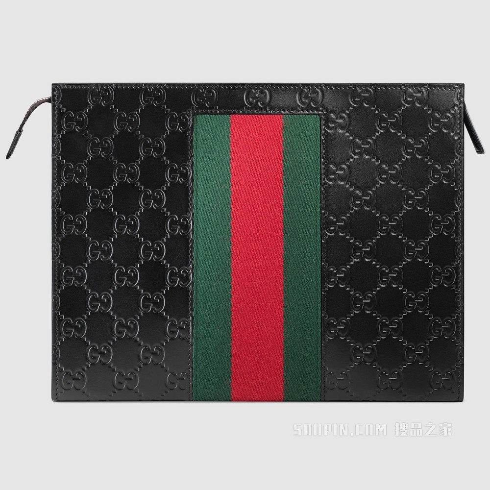 饰条纹织带Gucci Signature皮革手拿包 黑色Gucci Signature皮革