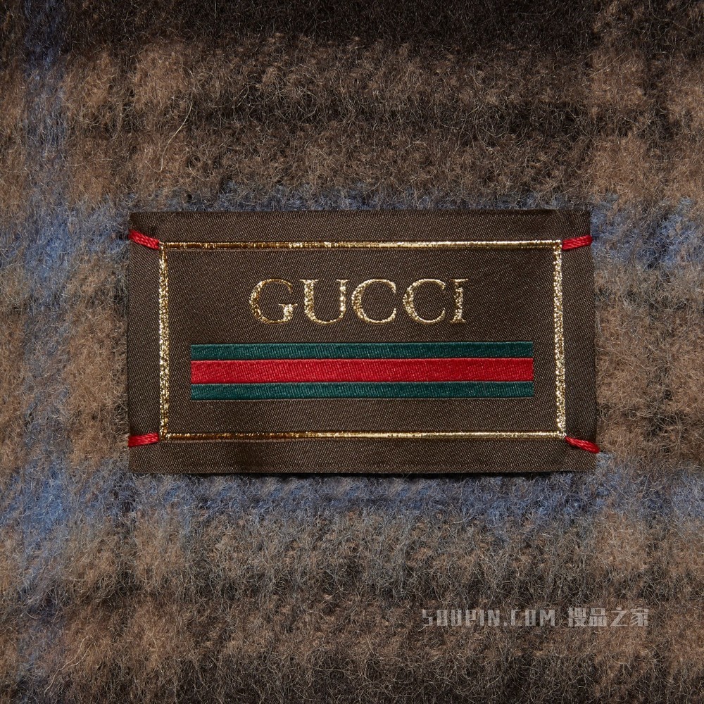 饰Gucci标签格纹羊毛大衣 棕色和米色