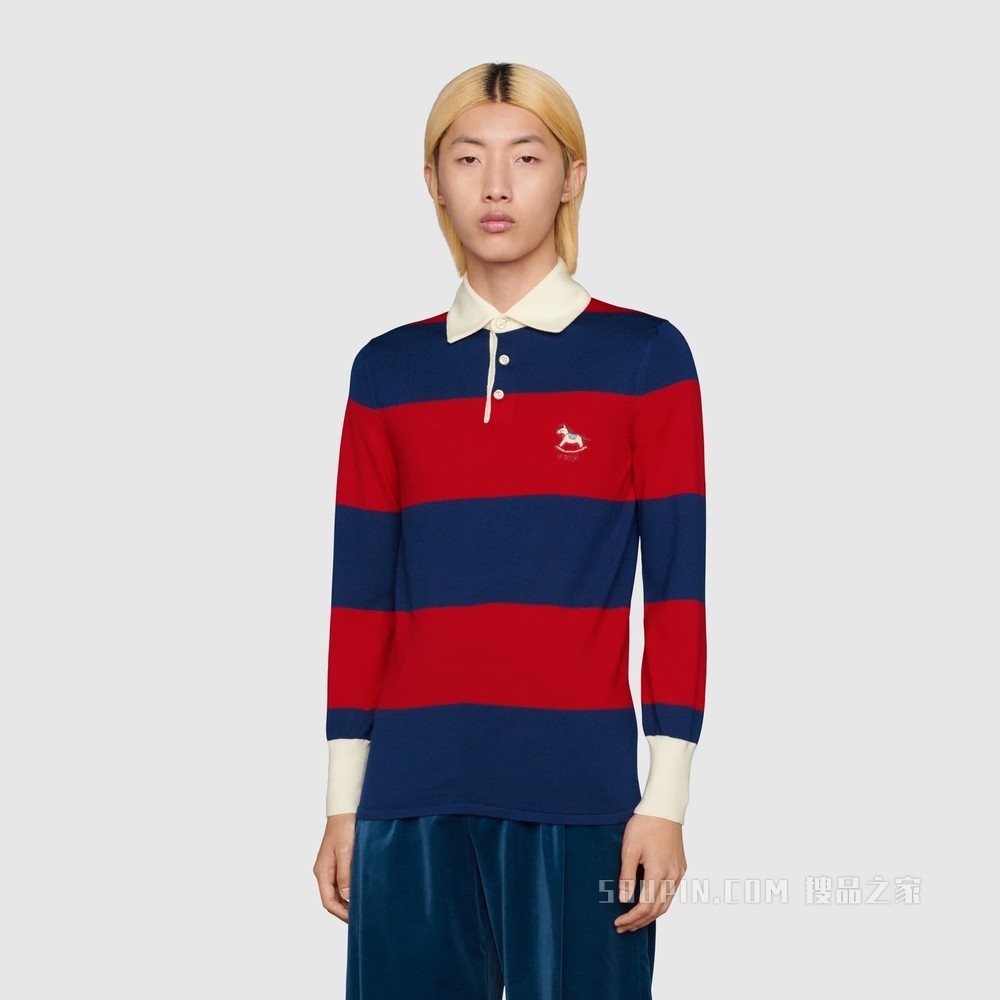 条纹羊毛Polo衫 蓝色和红色