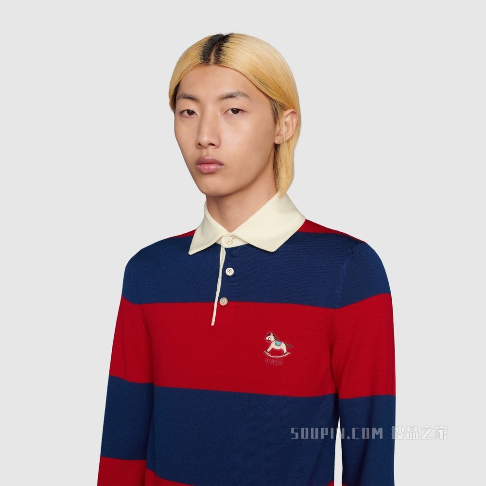条纹羊毛Polo衫 蓝色和红色