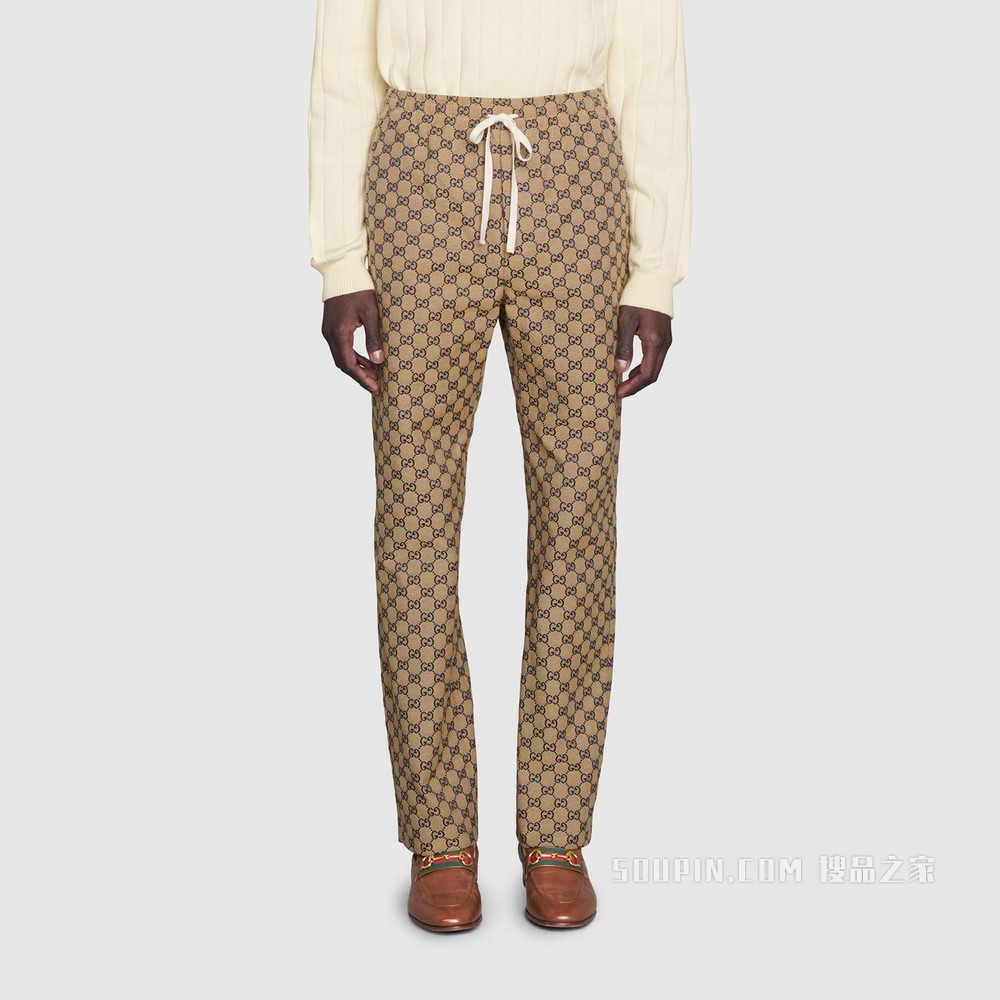 饰皮革互扣式双G贴饰GG帆布长裤 米色和蓝色