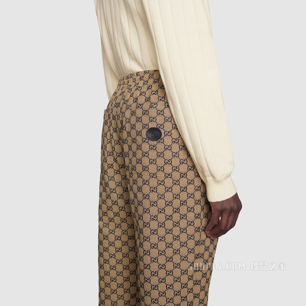 饰皮革互扣式双G贴饰GG帆布长裤 米色和蓝色