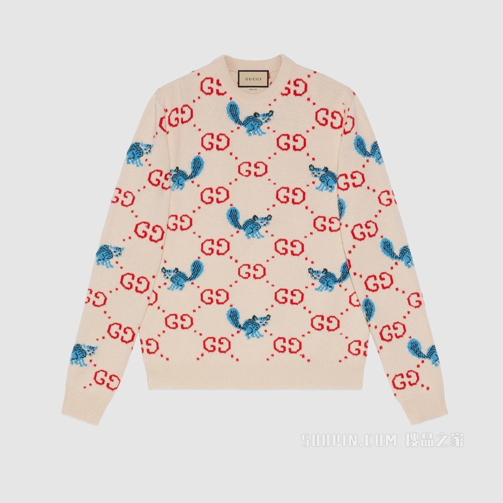 饰Freya Hartas创作的动物图案羊毛毛衣 象牙白和红色