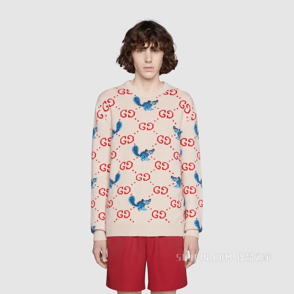 饰Freya Hartas创作的动物图案羊毛毛衣 象牙白和红色