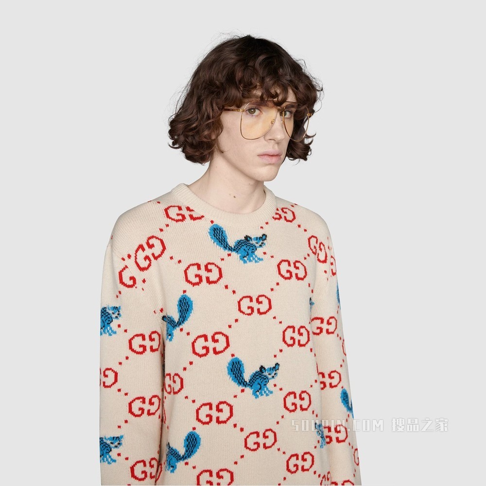 饰Freya Hartas创作的动物图案羊毛毛衣 象牙白和红色