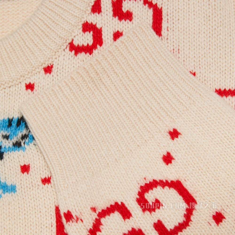 饰Freya Hartas创作的动物图案羊毛毛衣 象牙白和红色
