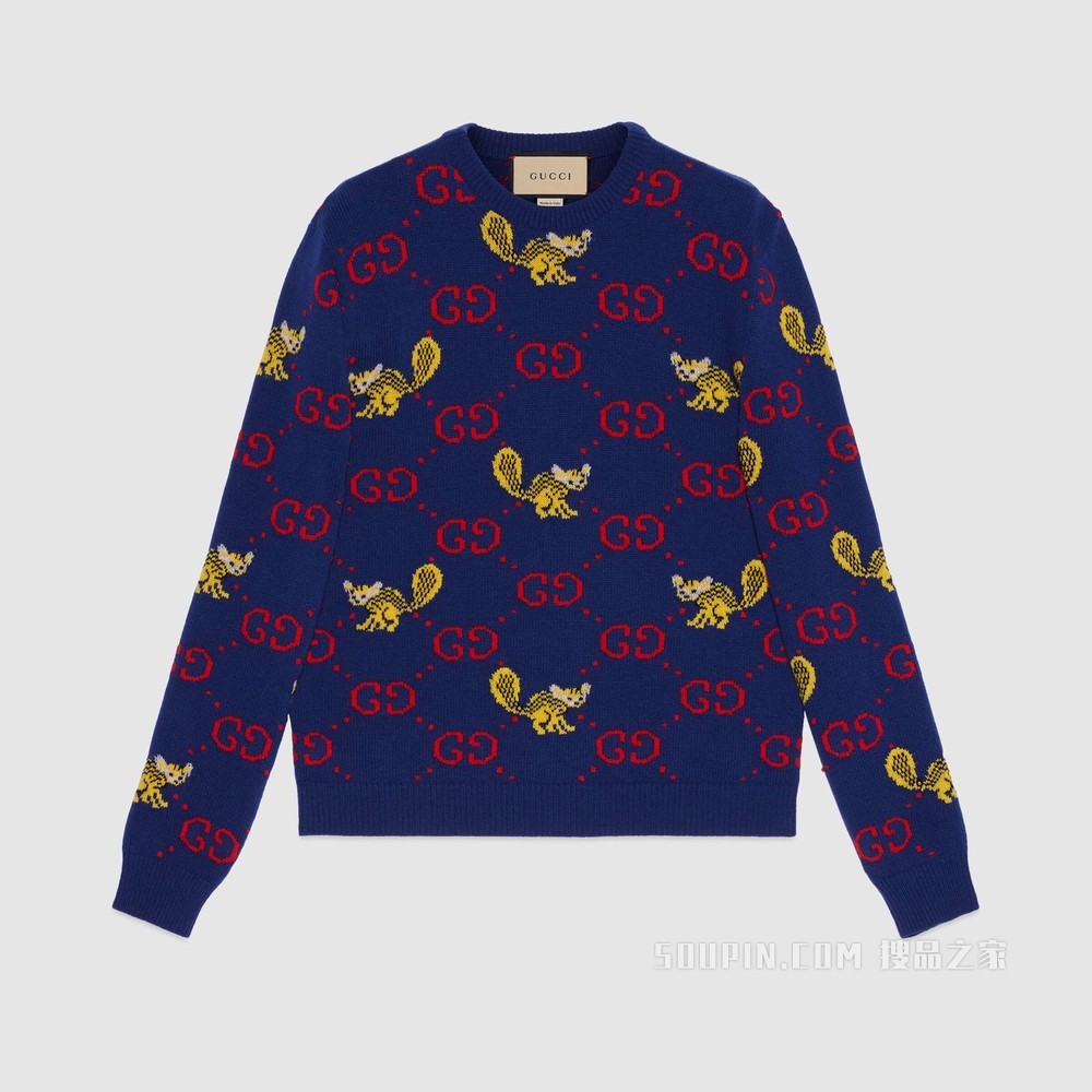 饰Freya Hartas创作的动物图案羊毛毛衣 蓝色和红色