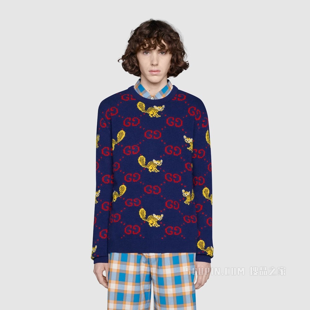 饰Freya Hartas创作的动物图案羊毛毛衣 蓝色和红色