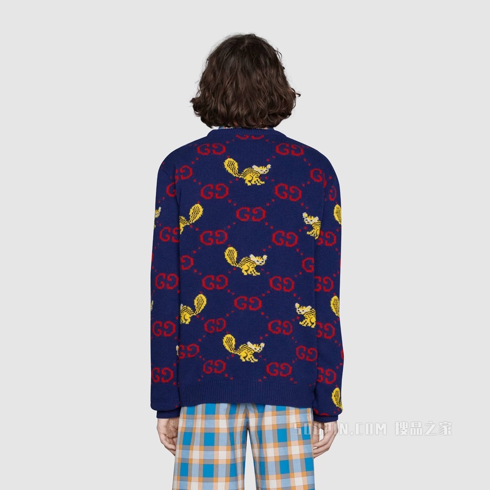 饰Freya Hartas创作的动物图案羊毛毛衣 蓝色和红色