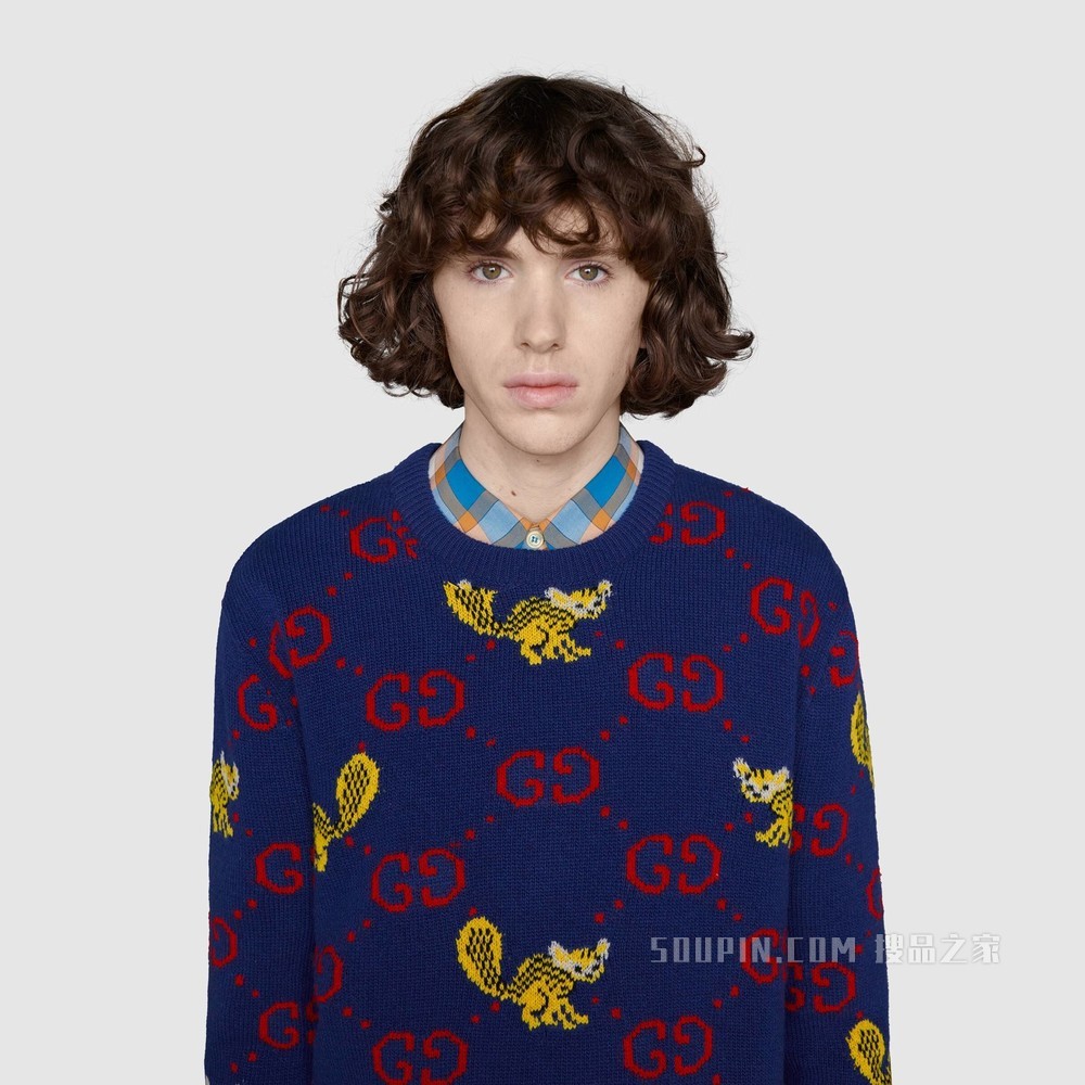 饰Freya Hartas创作的动物图案羊毛毛衣 蓝色和红色