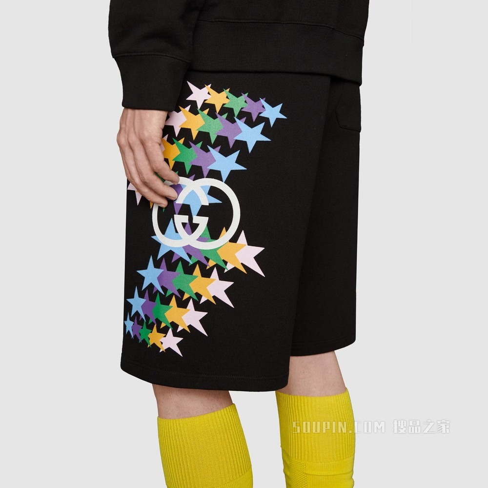 互扣式双G星耀印花棉质短裤 黑色
