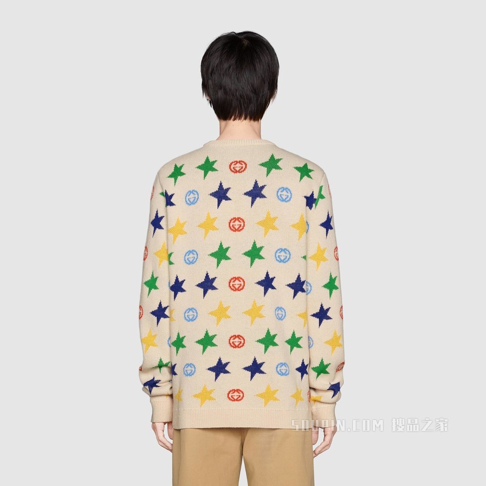 星星印花羊毛毛衣 象牙白色和多色