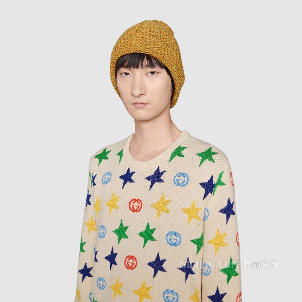 星星印花羊毛毛衣 象牙白色和多色