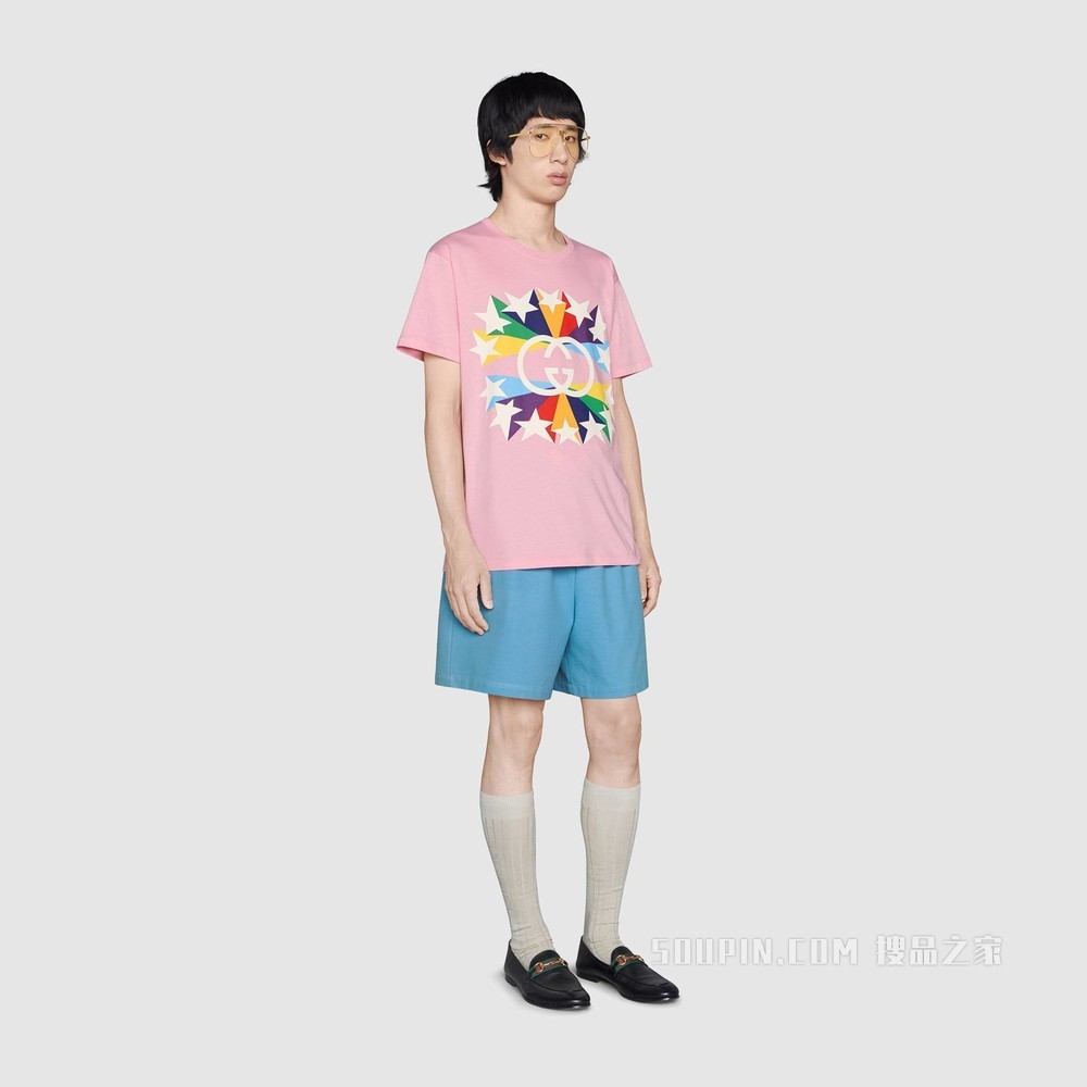 互扣式双G星爆印花棉质T恤 浅粉色