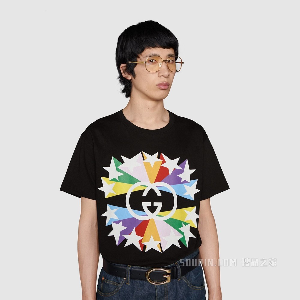 互扣式双G星爆印花棉质T恤 黑色