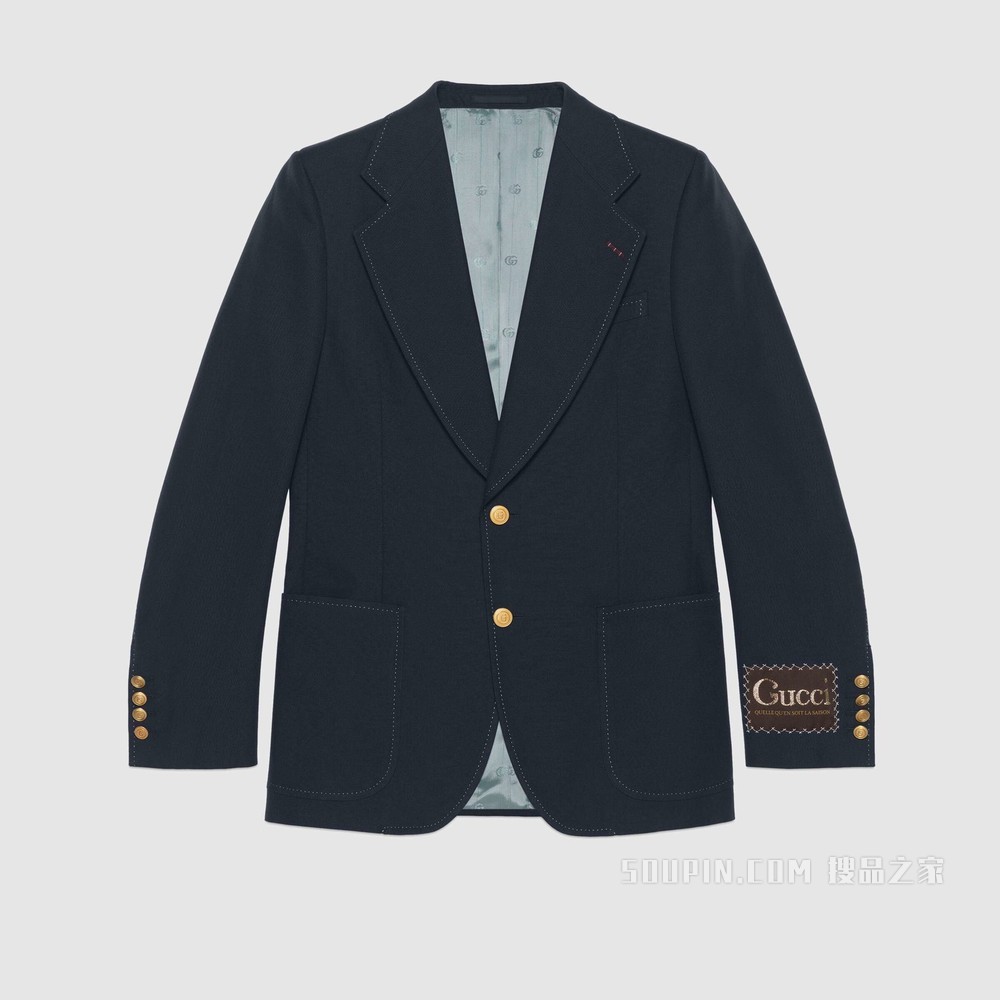 饰Gucci标签羊毛夹克 蓝色棉布