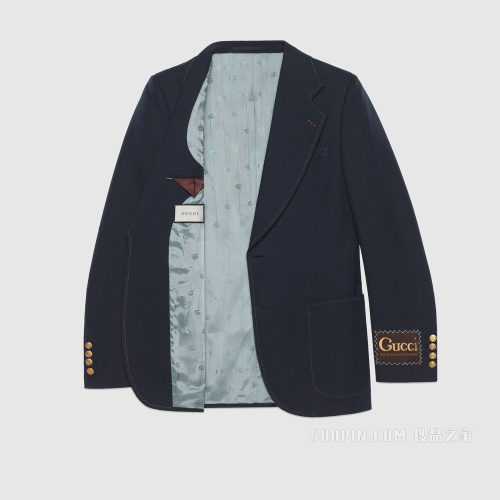 饰Gucci标签羊毛夹克 蓝色棉布