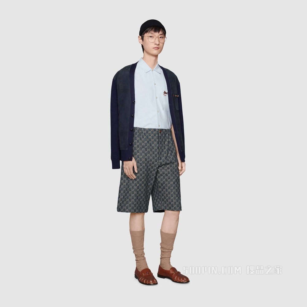 GG Denim系列短裤 深蓝色和象牙白色