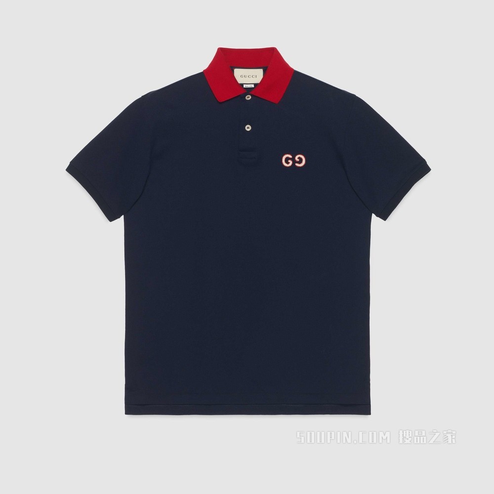 GG 刺绣 Polo 衫 海军蓝棉布