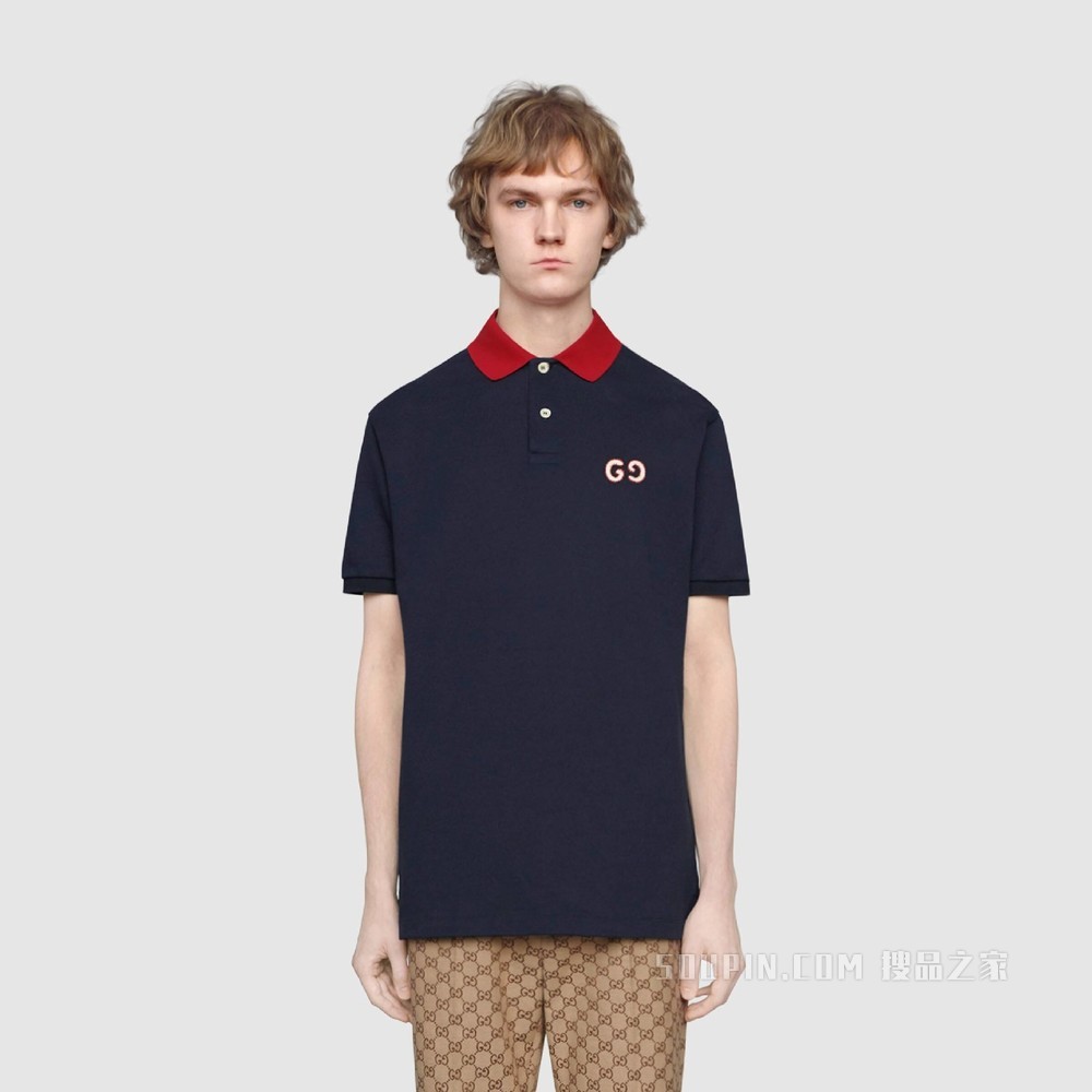 GG 刺绣 Polo 衫 海军蓝棉布