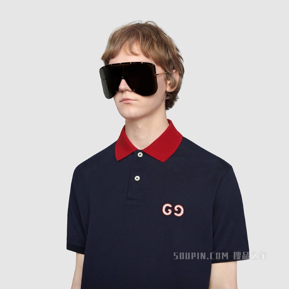 GG 刺绣 Polo 衫 海军蓝棉布
