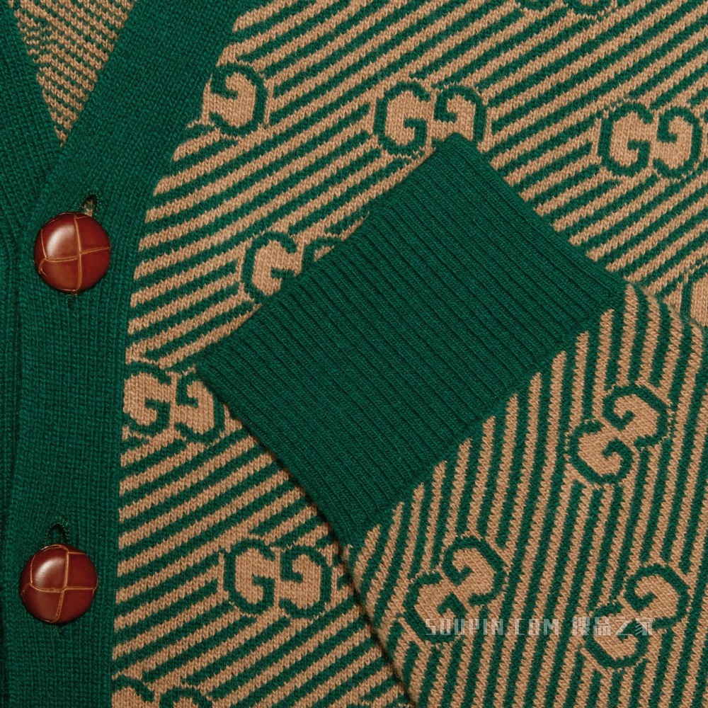 GG条纹羊毛开衫 绿色和驼色