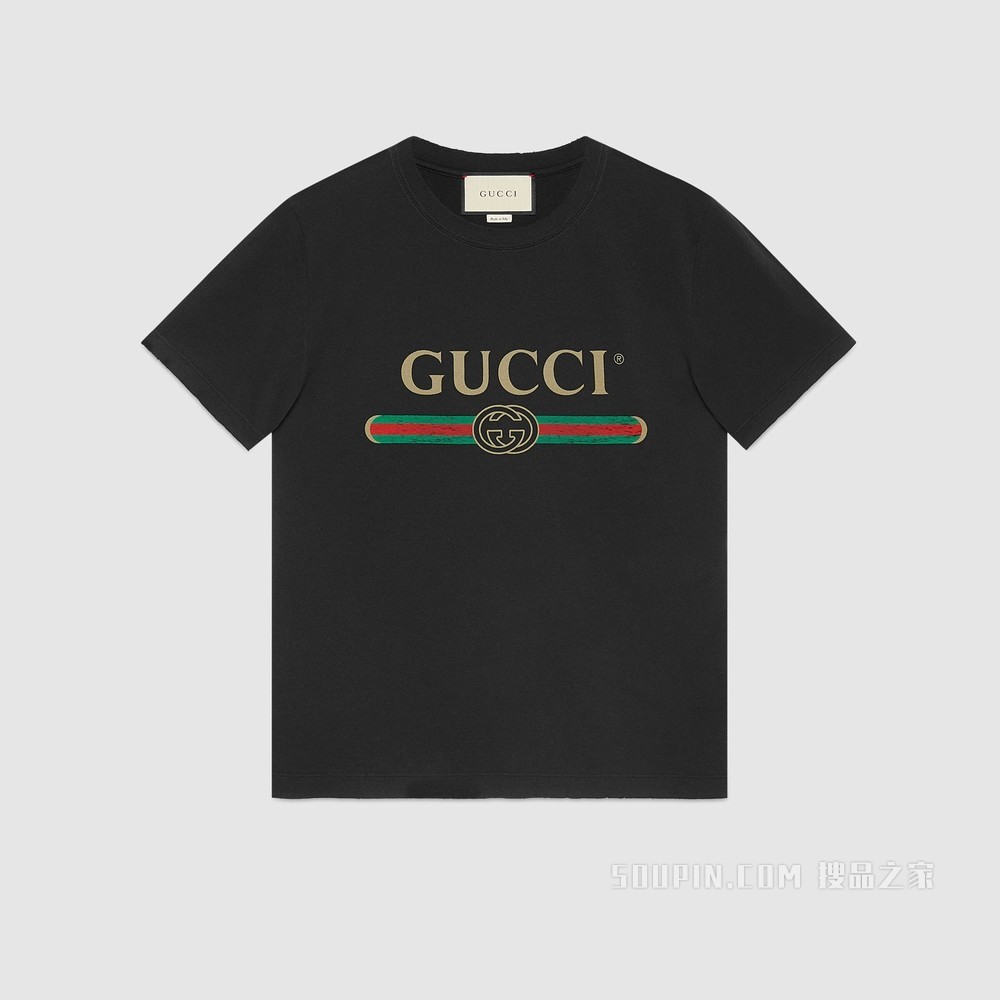 男士Gucci标识印花超大造型T恤 黑色水洗针织棉