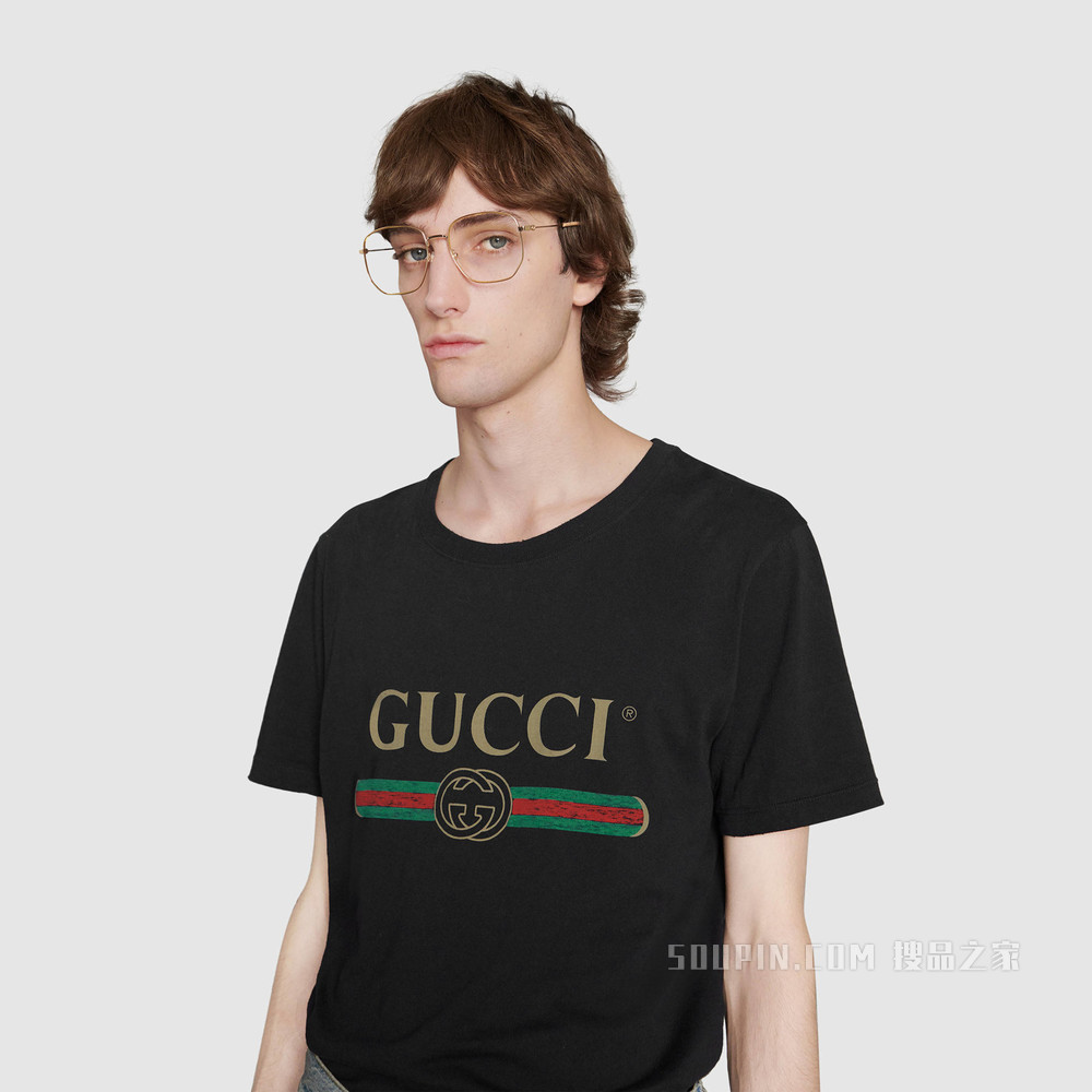 男士Gucci标识印花超大造型T恤 黑色水洗针织棉