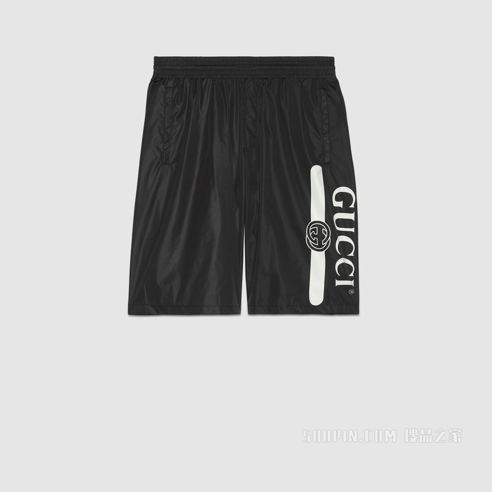 Gucci标识印花泳裤 黑色防水尼龙