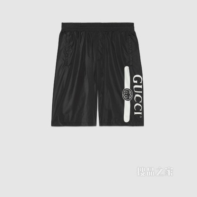Gucci标识印花泳裤 黑色防水尼龙