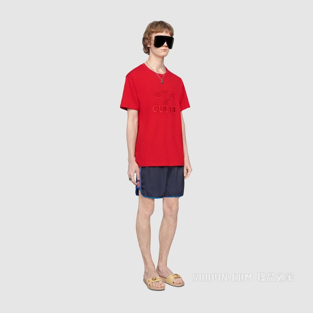 标志条纹尼龙泳裤 深蓝色尼龙