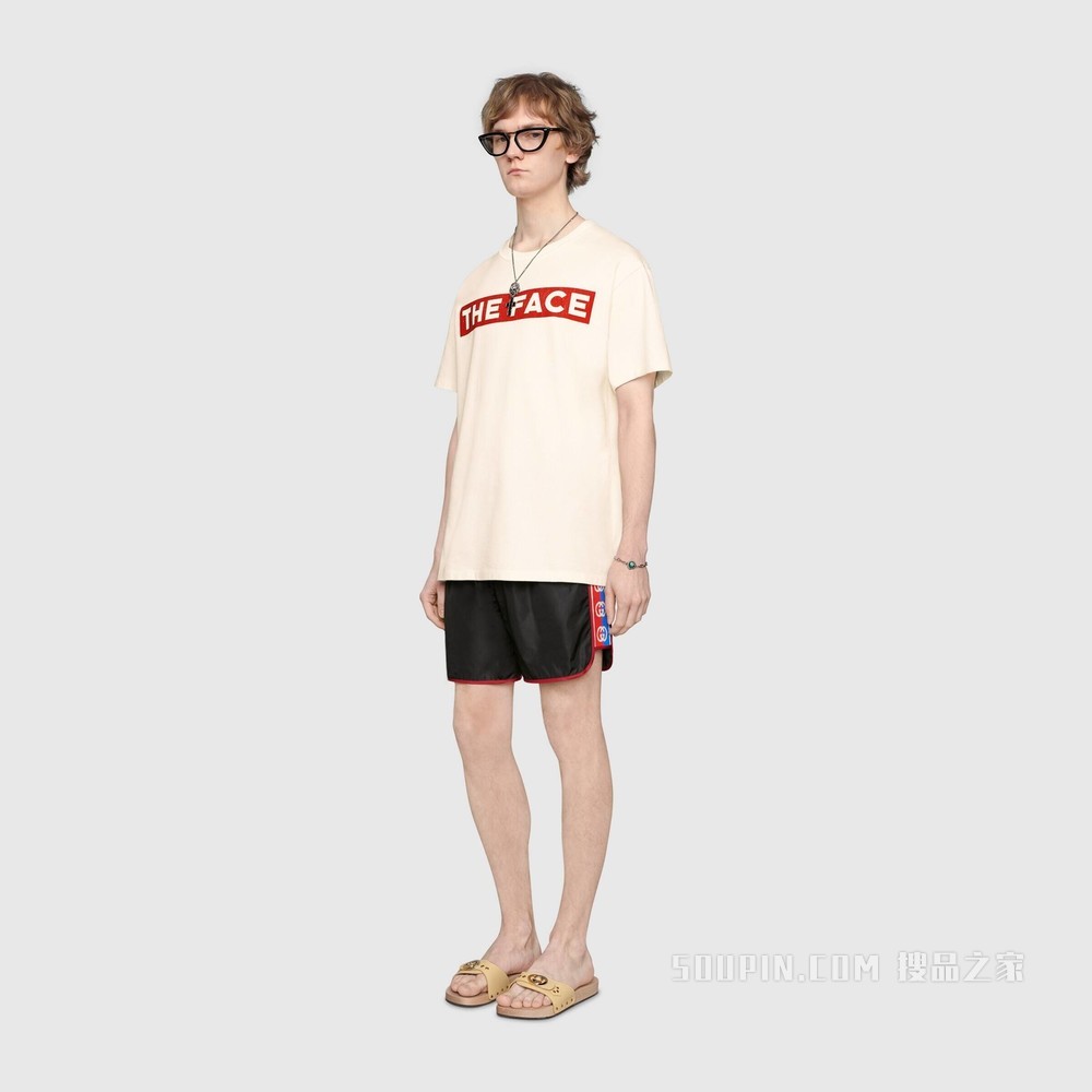 标志条纹尼龙泳裤 黑色尼龙