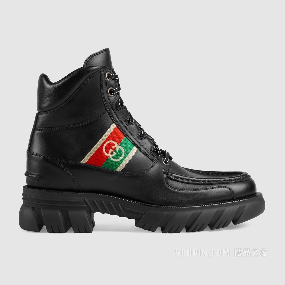 男士互扣式双G踝靴 黑色皮革